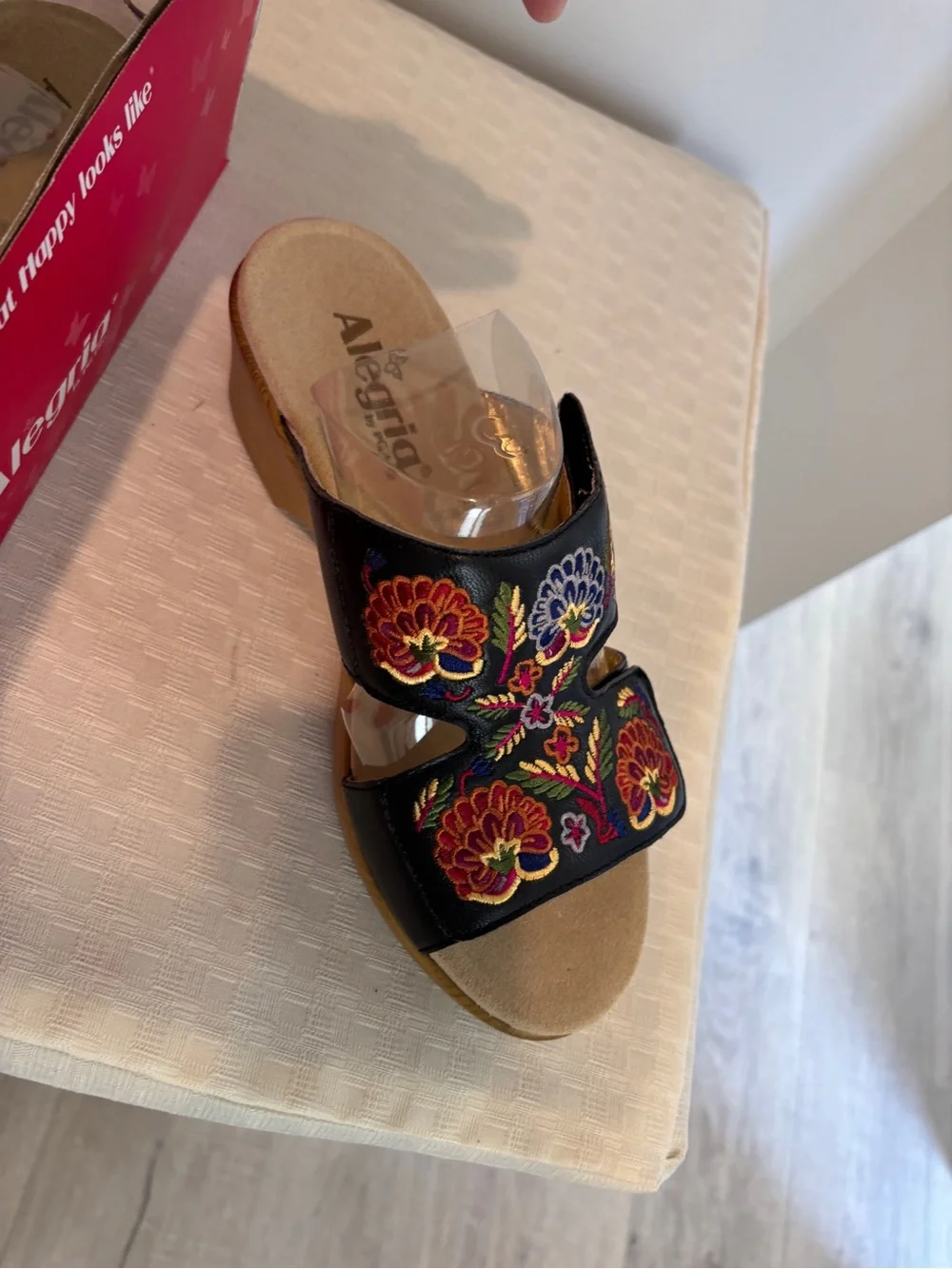 Alegria Black Slide Sandals with Multicolor Floral Embroidery